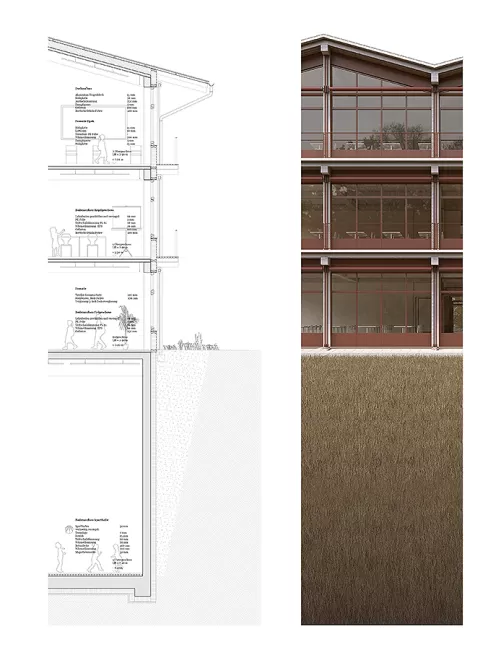 Fassadenschnitt und Fassadenansicht Schulhaus
