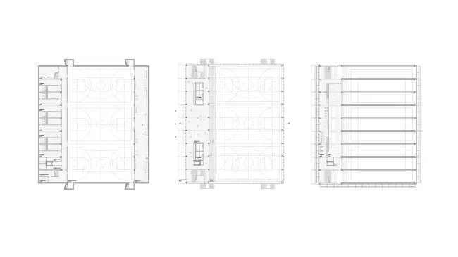 Turnhalle, Grundriss UG, EG, 1. OG