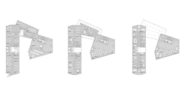 Grundrisse, von links nach rechts: 1. OG, 3. OG, 4. OG