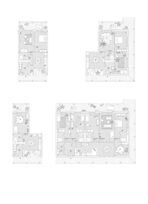 v.l. nach r., Grundriss: 2.5 Zi Wohnung, 3 Zi Wohnung, 1.5 Zi Wohnung, Clusterwohnung