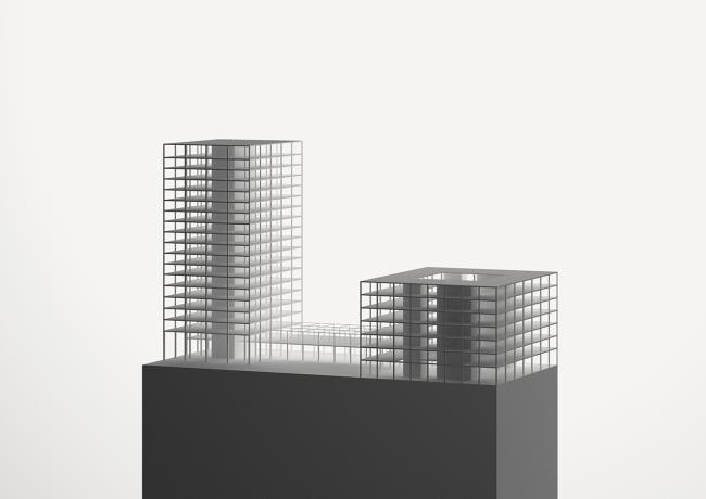 Strukturmodel
Die Gebäudestruktur besteht aus einem Stahlbetonskelettbau. Beim Hochhaus sowie auch beim Gewerbehaus sind sind die Stützen so angeordnet, dass effiziente Spannweiten entstehen (Gewerbehaus bis zu 9.4m). Die Aussteifung des Gebäudes erfolgt über die Kernwände (Hochaus) oder Kernbereich (Gewerbehaus). 
Das entworfene Tragwerkskonzept übernimmt die räumlichen und architektonischen Vorgaben und ermöglicht ein effizientes Tragsystem, welches flexible Nutzung erlaubt.Der Bau wird generell in Stahlbeton mit CO2 bindendem Recyclingbeton angedacht.