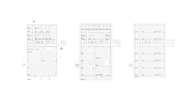 Grundrisse Publikumsgebäude, von links: EG, 1. OG, 2. OG