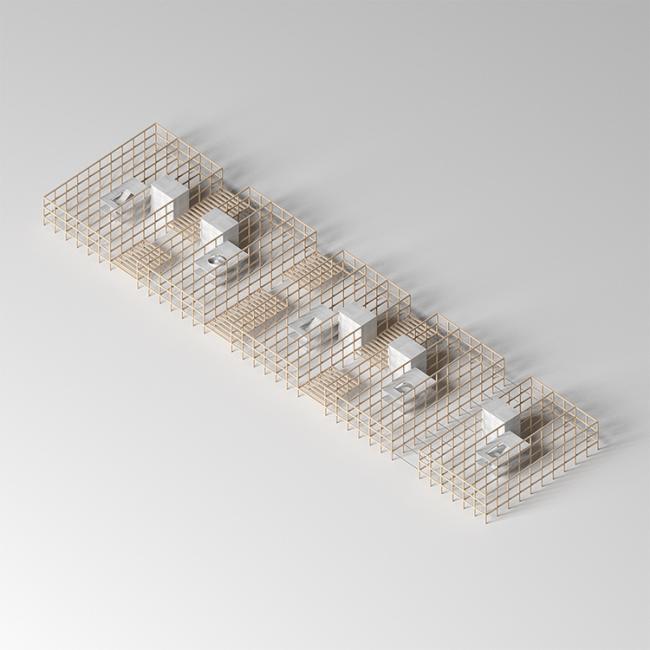 Strukturmodell
Das Schulhaus besteht aus einem hybriden Skelettbau aus Holz und Beton. Halb offene Höfe strukturieren das grosse Volumen des Schulhauses und gliedern die Lern- und Lehrräume in ablesbare Einheiten. Im zusammenhängenden Erdgeschoss mit seinen drei Innenhöfen erahnt man die eigentliche Grösse der Schulanlage.